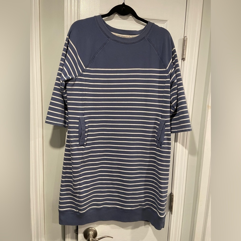 L.L. Bean Size LP Blue Cream Stripe 3/4 Sleeve Pullover Sweatshirt Dress Pockets